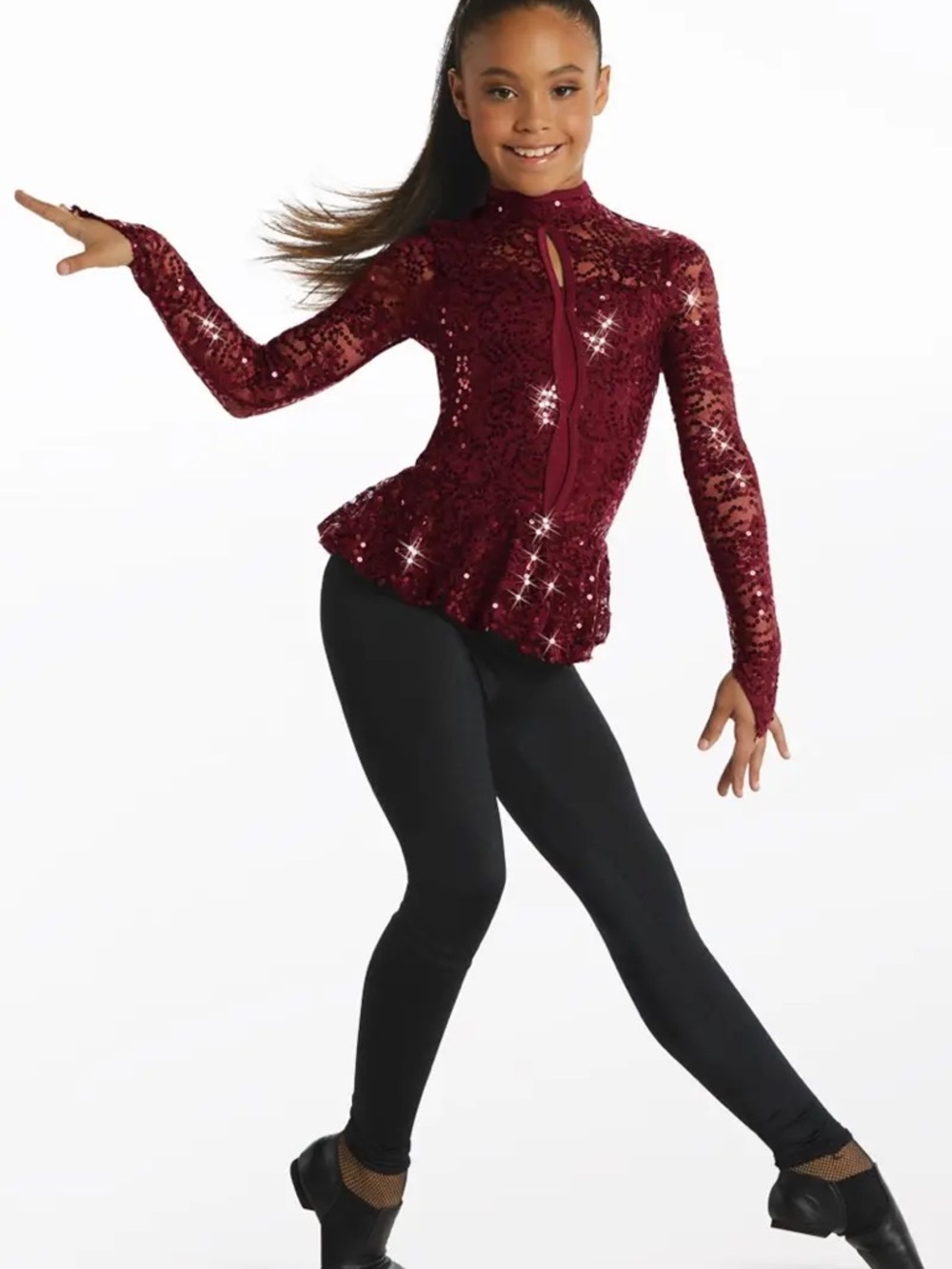 Weissman Everybody Knows 15465 Burgundy Sequin Lace Peplum Dance Top